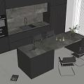 Modern Kitchen Interior Featuring Dark Cabinets With Island Sink And Chairs