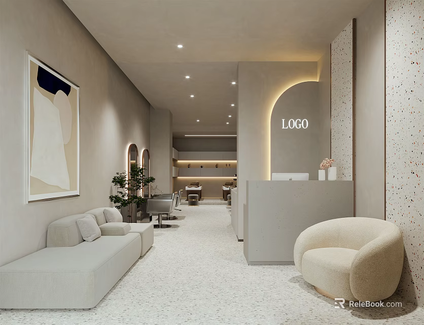 Modern Beauty Hair Salon Reception Area With Sofas Plants And Decorative Painting 3d model 