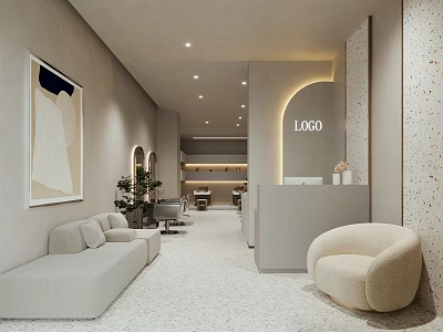 Modern Beauty Hair Salon Reception Area With Sofas Plants And Decorative Painting 3d model