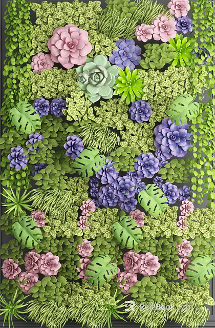 Lush Living Plant Feature Wall With Purple Flowers Green Leaves And Succulents 3d model 