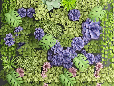 Lush Living Plant Feature Wall With Purple Flowers Green Leaves And Succulents 3d model