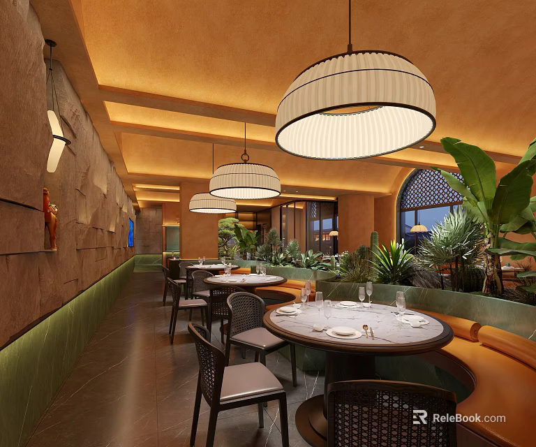 Warm Restaurant Interior With Hanging Pendant Lights Round Tables Green Plants And Curved Seating 3d model 