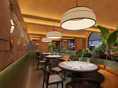 Warm Restaurant Interior With Hanging Pendant Lights Round Tables Green Plants And Curved Seating 3d model