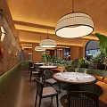 Warm Restaurant Interior With Hanging Pendant Lights Round Tables Green Plants And Curved Seating