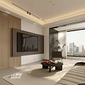 Modern Living and Dining Area with Beige Sofa Black Coffee Table City View and Plants