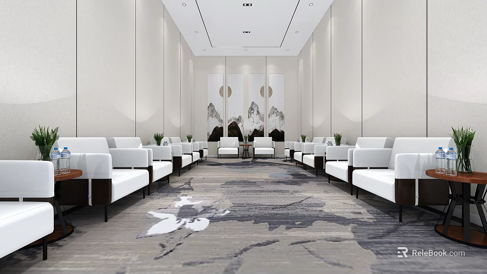 Modern Hotel Public Lounge Area With White Sofas Dark Coffee Tables And Patterned Carpet 3d model