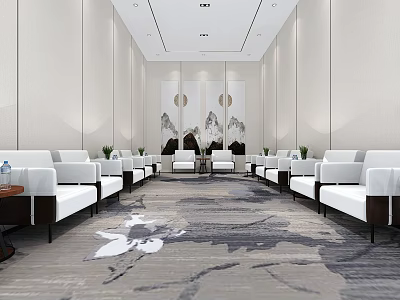 Modern Hotel Public Lounge Area With White Sofas Dark Coffee Tables And Patterned Carpet 3d model