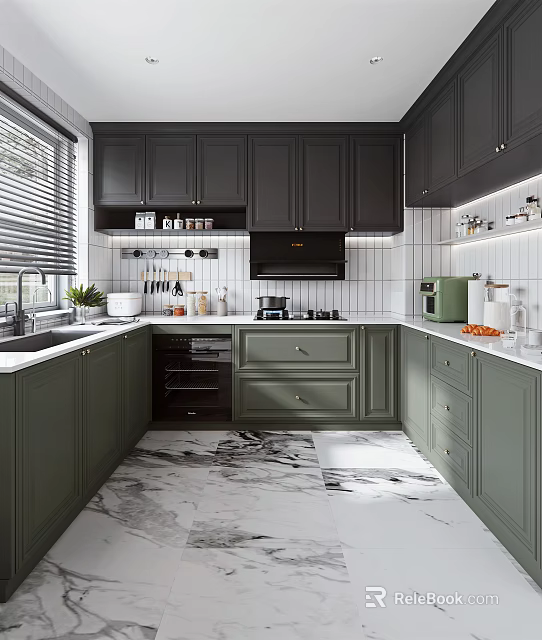Modern Kitchen Interior With Dark Green And Gray Cabinets White Countertops Marble Floor And Appliances 3d model 