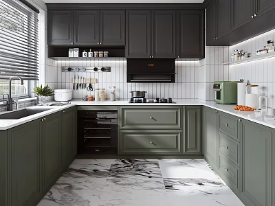 Modern Kitchen Interior With Dark Green And Gray Cabinets White Countertops Marble Floor And Appliances 3d model