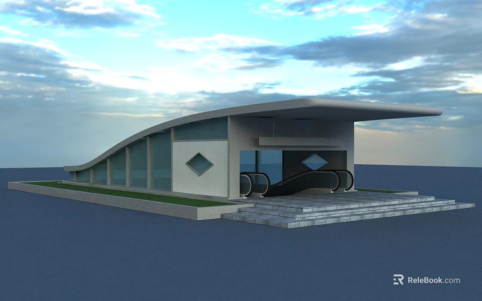 Modern Station Exterior Design With Curved Roof Glass Wall Escalators And Lawn Steps 3d model 