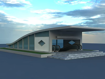 Modern Station Exterior Design With Curved Roof Glass Wall Escalators And Lawn Steps 3d model