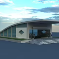Modern Station Exterior Design With Curved Roof Glass Wall Escalators And Lawn Steps