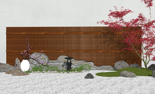 Japanese style landscape sketch courtyard landscape fence stone lamp flake stone 3d model