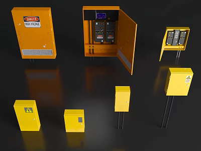Yellow Industrial Electrical Control Cabinets With Various Sizes Open Doors Internal Components And Warning Signs 3d model