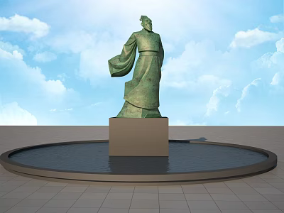 Ancient Bronze Landscape Sculpture With Square Pedestal Circular Water Pool And Blue Sky Clouds 3d model