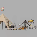 Camping Tents With Multiple Designs Tables Chairs Balloons And Animal Sculptures Setup