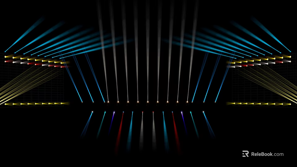 Symmetrical Stage Lighting Effect With Colorful Blue White Red Rays And Reflections 3d model 