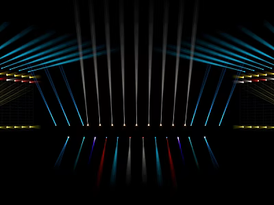 Symmetrical Stage Lighting Effect With Colorful Blue White Red Rays And Reflections 3d model