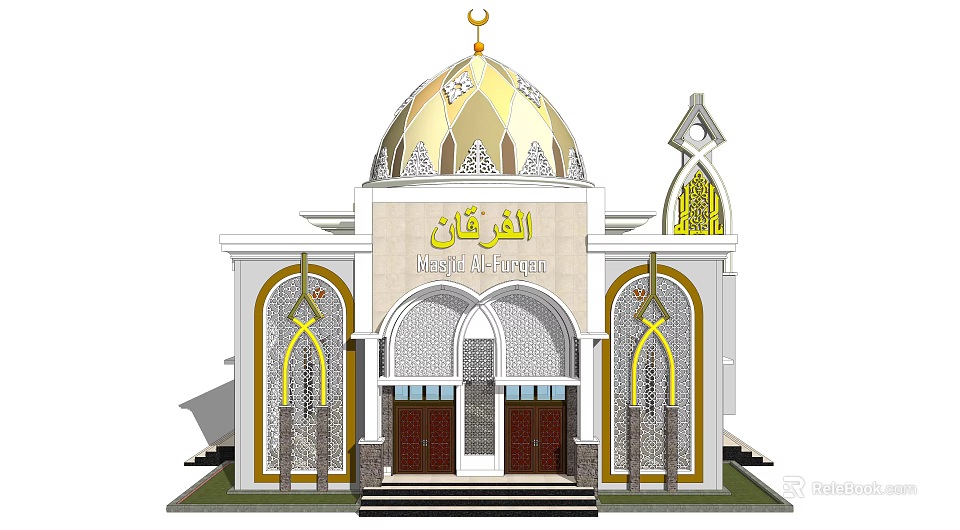 Traditional Islamic Mosque Exterior Featuring Golden Dome And Arabic Decorative Arches 3d model 