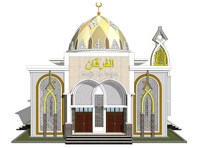 Traditional Islamic Mosque Exterior Featuring Golden Dome And Arabic Decorative Arches 3d model