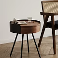 Round Wooden Side Table With Open Magazine Glass Near Rattan Backrest Chair By Light Wall