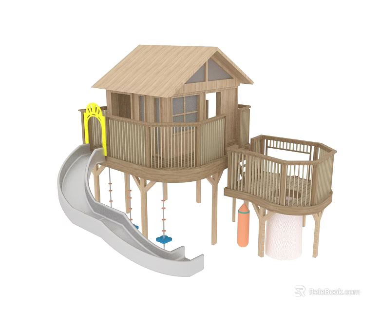 Wooden Tree House Hinged Door Design With Slide Swing And Platform Structure 3d model
