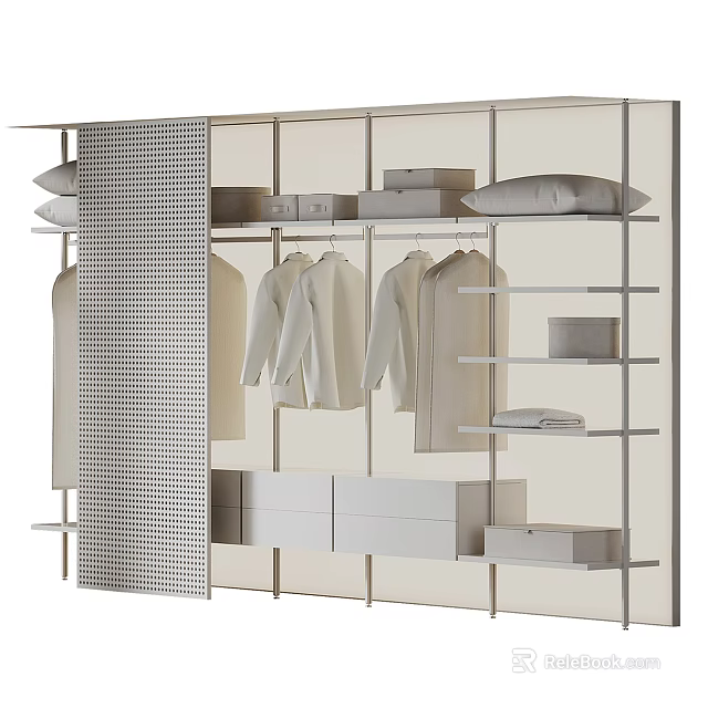 Modern Open Wardrobe Interior Design With Hanging White Shirts Folded Items And Drawers 3d model 