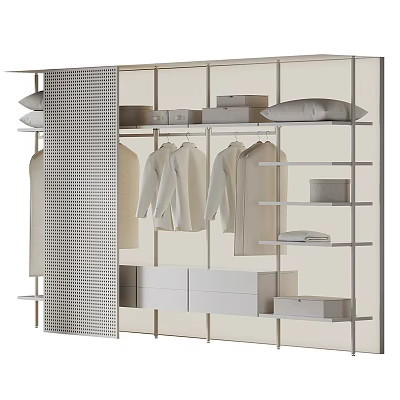 Modern Open Wardrobe Interior Design With Hanging White Shirts Folded Items And Drawers 3d model