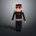 3D Cartoon Character Model Wearing Dark Long Coat Sunglasses And Badges