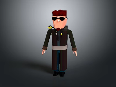 3D Cartoon Character Model Wearing Dark Long Coat Sunglasses And Badges 3d model