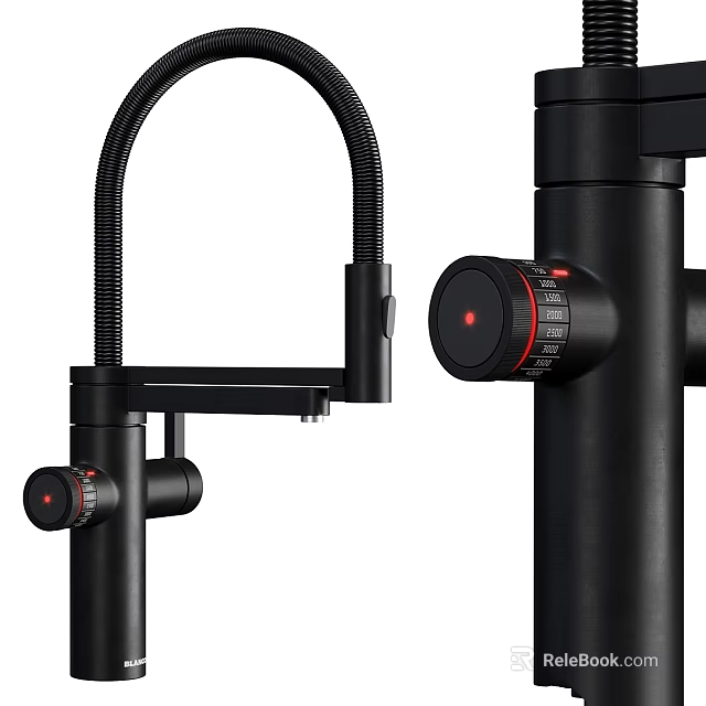 Elegant Black Modern Kitchen Faucet With Flexible Spout And Red Accent Controls 3d model 
