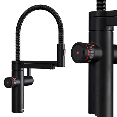 Elegant Black Modern Kitchen Faucet With Flexible Spout And Red Accent Controls 3d model