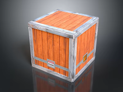 Wooden Crate With Orange Planks And Silver Metal Frame And Labels 3d model