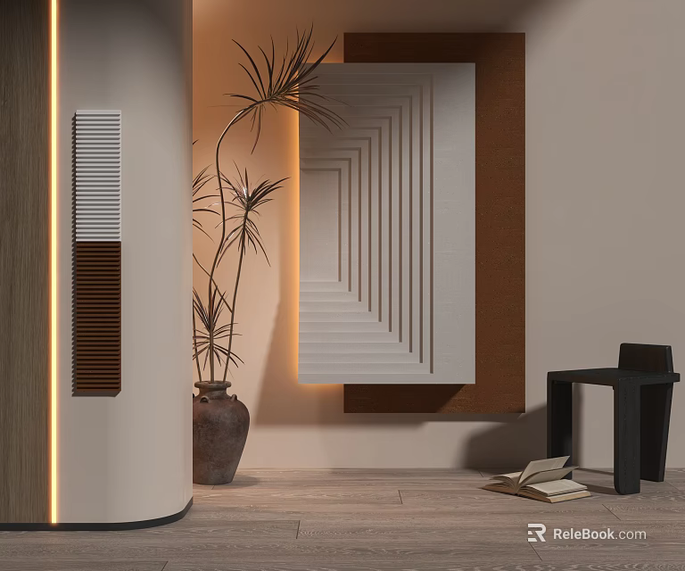 Abstract Geometric Painting In Modern Interior With Potted Plant Wooden Floor And Black Chair 3d model 