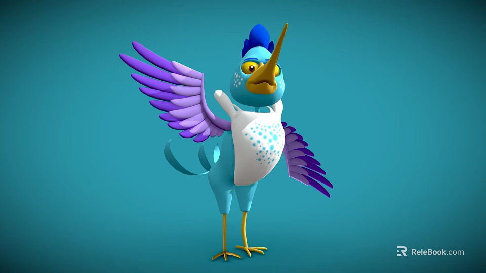 Colorful Cartoon Bird With Blue Body Purple Wings Yellow Beak White Belly And Blue Spots 3d model 