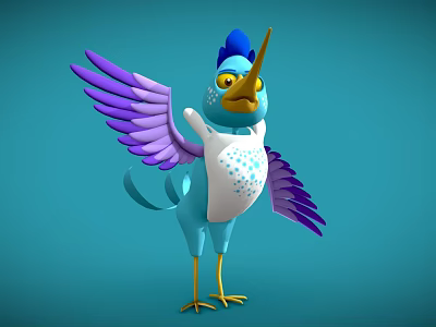 Colorful Cartoon Bird With Blue Body Purple Wings Yellow Beak White Belly And Blue Spots 3d model