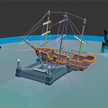 3D Rendered Cartoon Scene With Yellow Brown Sailboat Blue Icebergs And Blue Dock