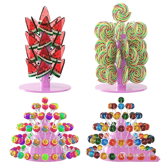 Vibrant Assorted Lollipops and Watermelon Slices on Decorative Purple Display Stands 3d model 