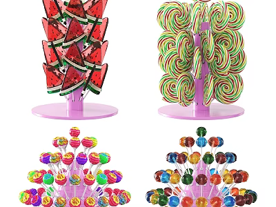 Vibrant Assorted Lollipops and Watermelon Slices on Decorative Purple Display Stands 3d model