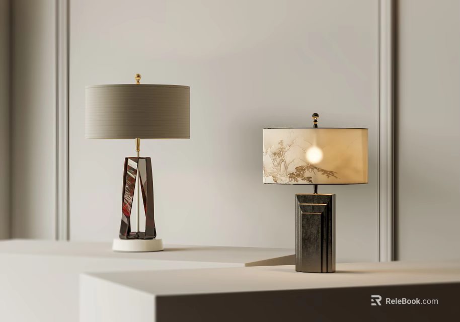 Two Modern Table Lamps With Geometric Base And Lit Lampshade On White Platform 3d model