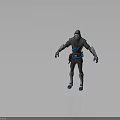 Hooded Masked Character In Gray Armor With Blue Accents Standing 3D Model Pose