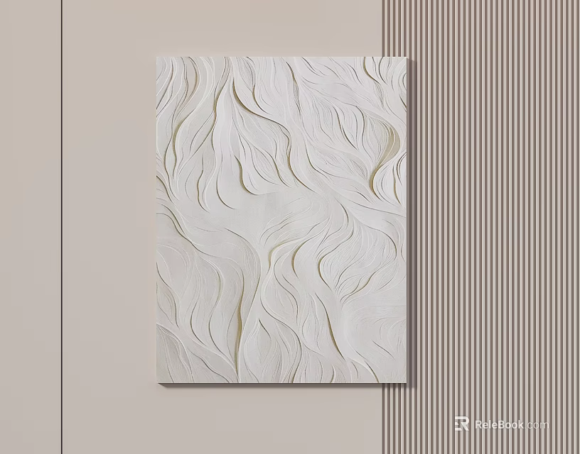 White Textured Abstract Painting With Wavy Patterns On Light Colored Wall And Striped Background 3d model 
