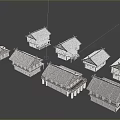Various Traditional Chinese Architecture Models with Wooden Structures and Dark Roofs