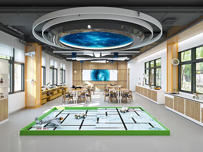 Kindergarten Interior With Circular Blue Ceiling Green Bordered Play Area And Wooden Furniture 3d model