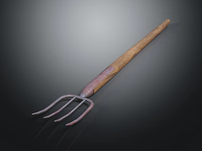 Durable Three-Tine Garden Hardware Tool With Wooden Handle And Iron Tines 3d model
