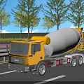 FOTON Yellow Concrete Mixer Truck On Road With Rotating Drum And Trees