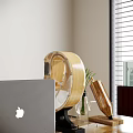Modern Glass Top Office Desk With Yellow Chair Laptop Table Lamp And Decorative Rug