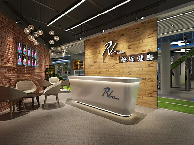Modern Fitness Center Reception With Brick Wall Wooden Accent And Pendant Lights 3d model