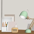 Light Green Desk Lamp With Yellow Vintage Radio And White Pen Holder On Desk