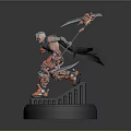 3D Character Model With Red Armor White Hair And Dual Blue Blades On Black Base